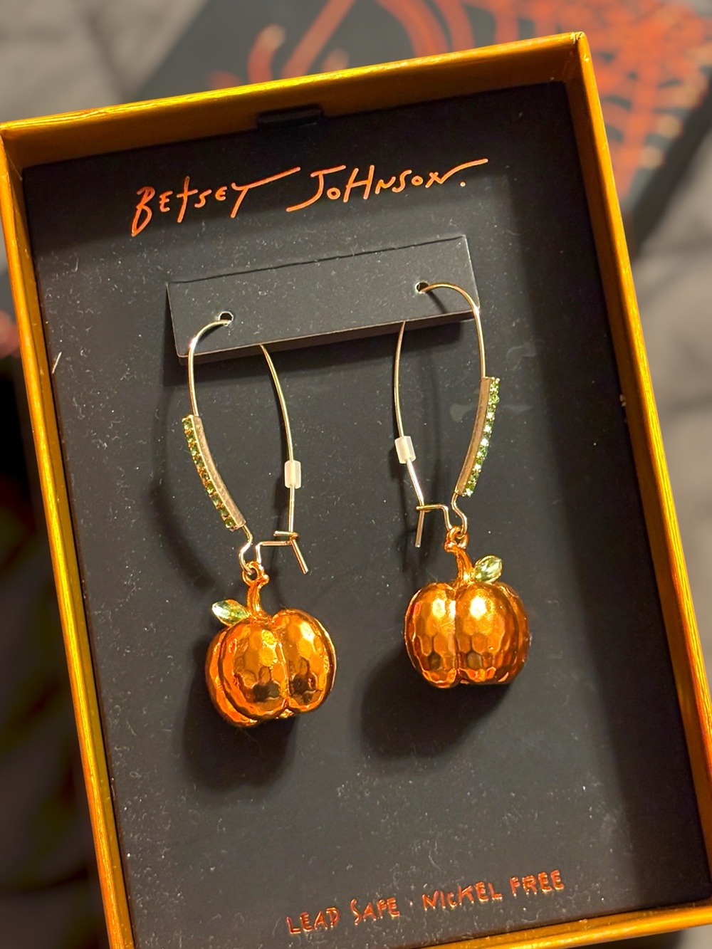 NWT•Betsey Johnson Metallic Orange Pumpkin Drop Earrings with Green Crystal